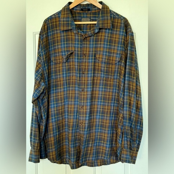 Pendleton Bridger Plaid Flannel Shirt XXL Brown Blue Wool Cotton Blend Outdoor - Picture 1 of 12